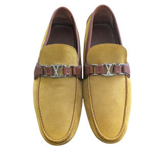 Louis Vuitton Mens Loafers Size 10 Yellow Suede LV Logo Driver Shoes Authentic